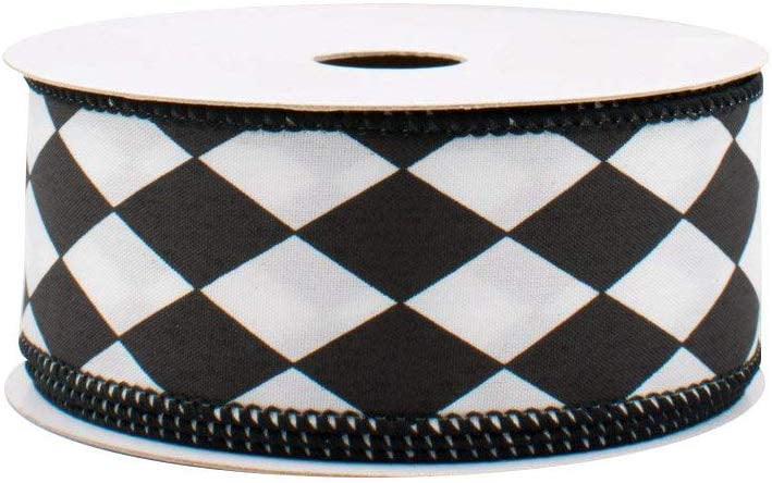 Black White Diamonds Harlequin Ribbon - 1 1/2' x 10 Yards, Argyle, Black Wire Edged, Christmas, Mardi Gras, Wedding, Wreath