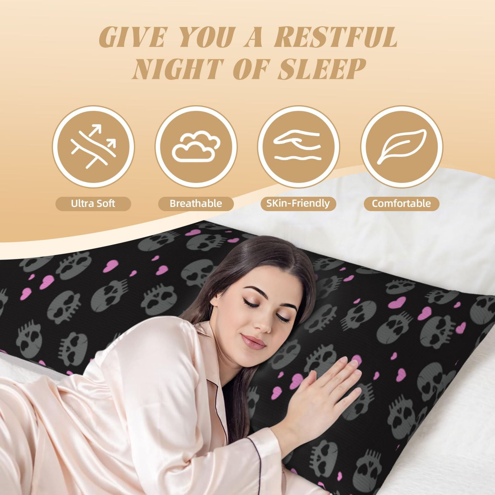 Naloa Cool Skull Love Super Soft 20x60 Body Pillow Case,Long Side Hidden Zipper（PILLOWS ARE NOT INCLUDED）