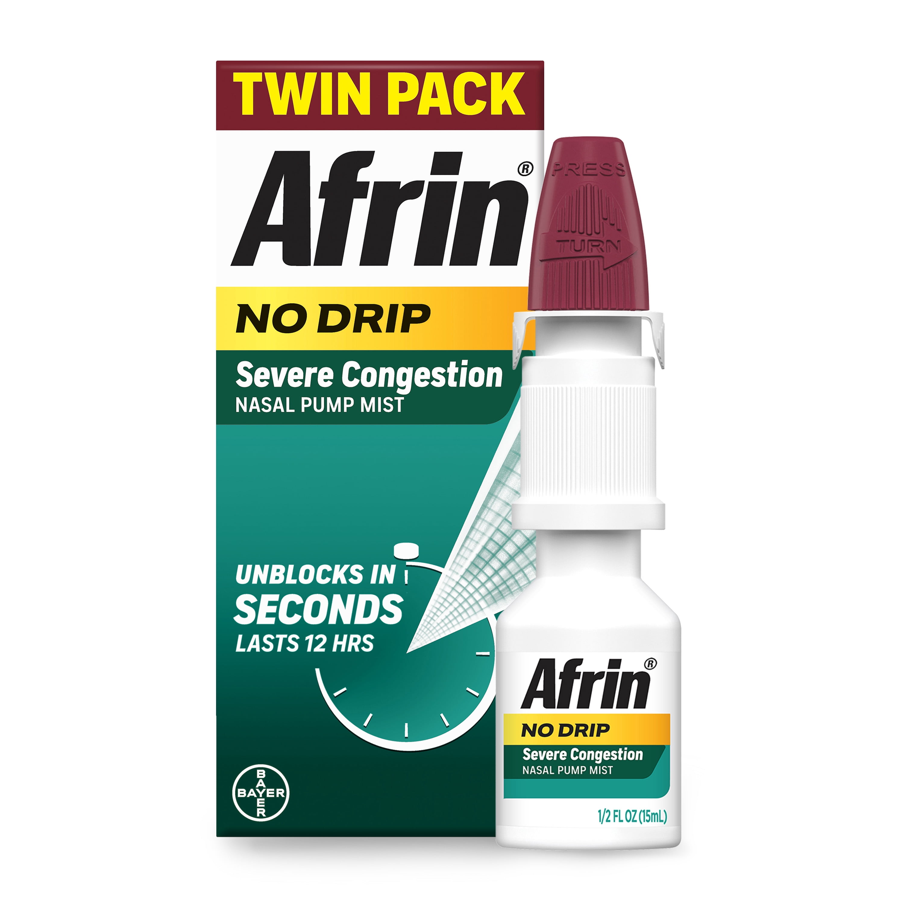 (3 pack) Afrin No Drip Severe Congestion Nasal Spray Twin Pack, Non-Drowsy, Fast-Acting Nasal Decongestant for Nasal Congestion and Sinus Pressure Relief, Adults and Children 6 and Older, .5 fl oz (Pack of 2)