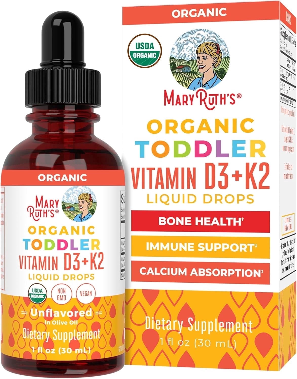(3 pack) MaryRuth's Vitamin D3+K2 Liquid Drops. USDA Organic Unflavored, Non-GMO, Vegan, Plant-Based, 1-Count, 1 fl oz