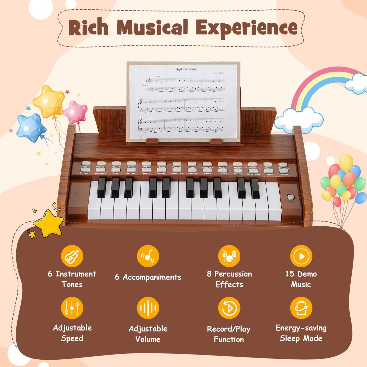 Spaco 25-Key Piano Keyboard, Record/Playback Function with Adjustable Speed & Volume, Ideal for Music Learning, Brown