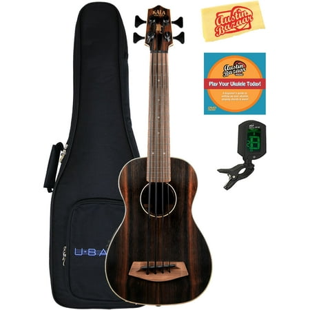 Kala UBASS-EBY-FS Striped Ebony Fretted Acoustic-Electric U-Bass Ukulele Bundle with Gig Bag, Tuner, Austin Bazaar Instructional DVD, and Polishing Cloth