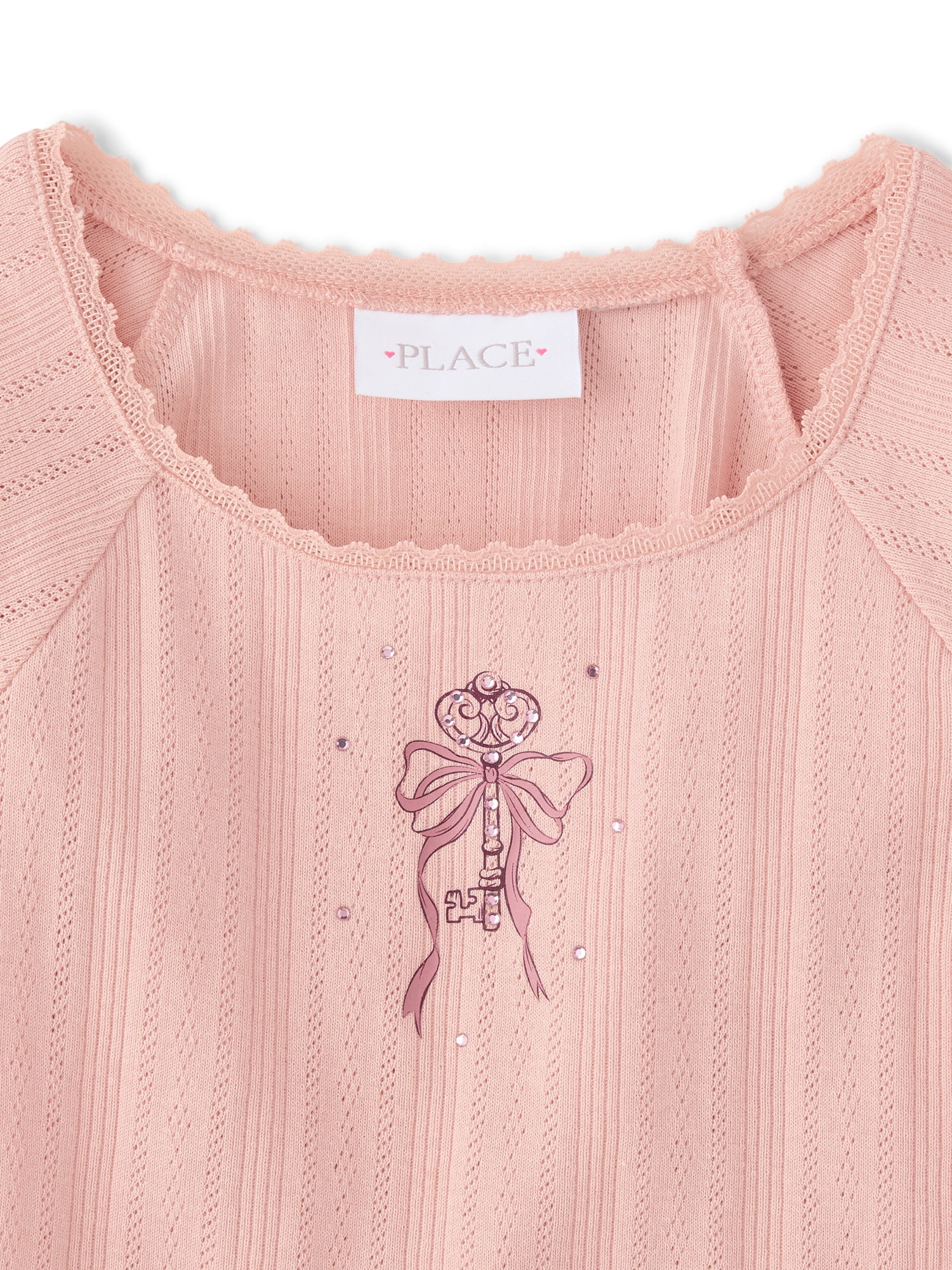 The Children's Place Girls Short Raglan Sleeve Rhinestone Graphic Pointelle Top, Sizes XS-XXL