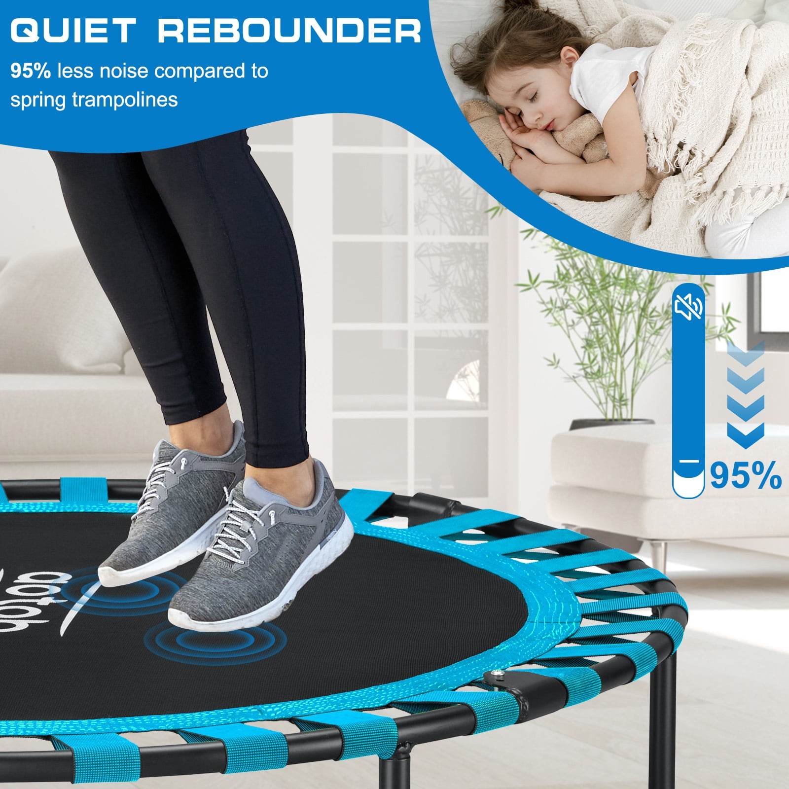 AOTOB 48” Fitness Trampoline for Adults, Foldable Mini Rebounder with Durable Bungees for Workouts Sports, 550lbs
