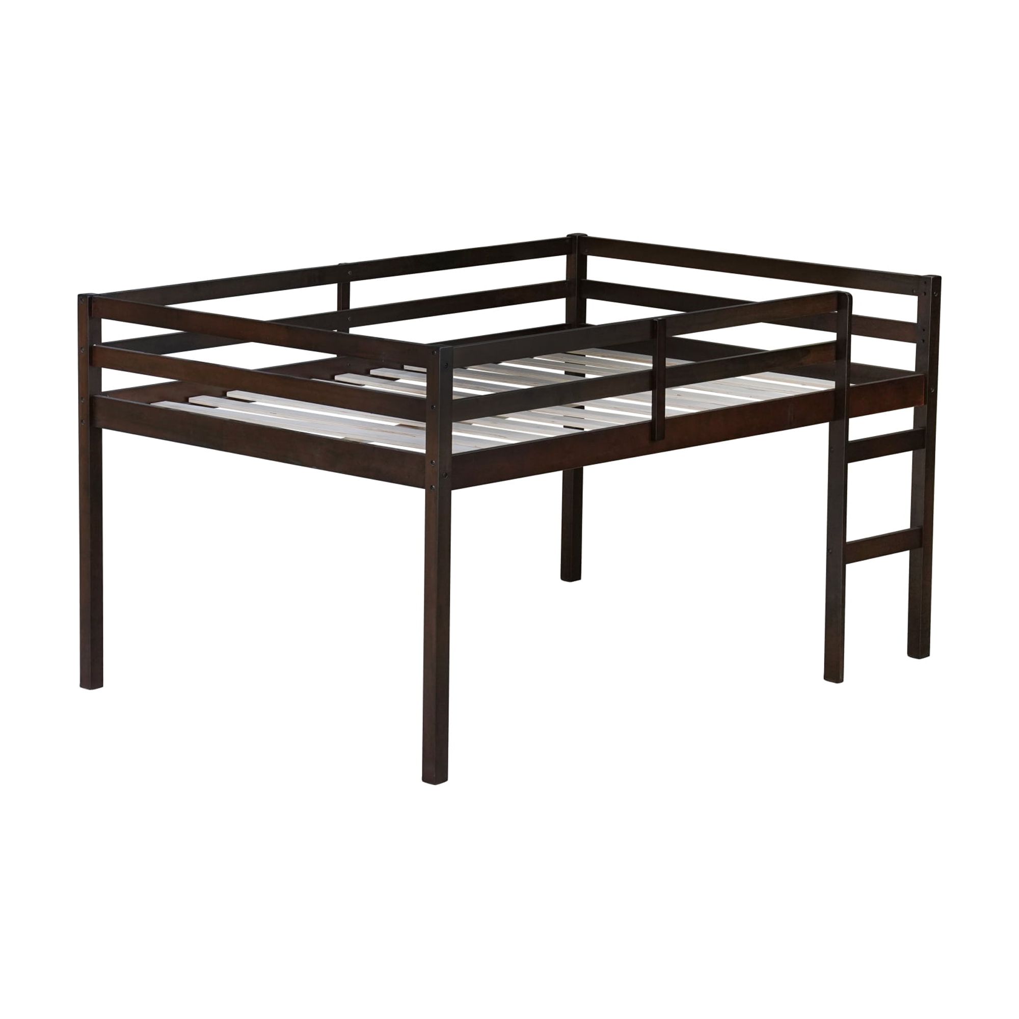 Leumius Full Loft Bed with Ladder, Bed Platform of Strengthened Slats Solid Wooden Bed for Boys Girls Espresso