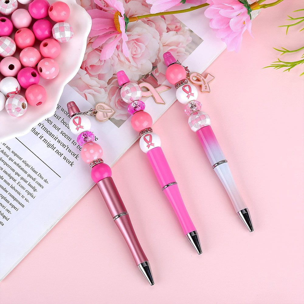 DIY Breast Cancer Awareness Theme Beadable Pen Making Kit Including Alloy Enamel Ribbon Pendant Wood & Glass European Beads ABS Plastic Ball-Point Pen Pink 162pcs/box