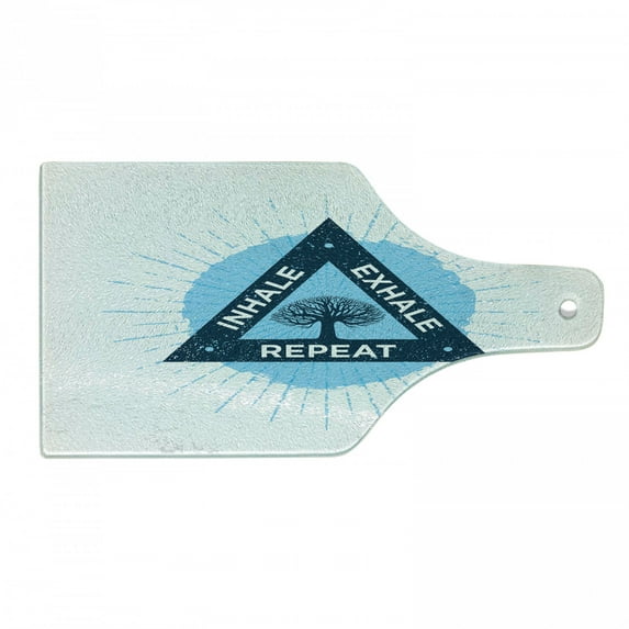 Inhale Exhale Cutting Board, Spa Yoga in Triangle with Tree of Life Tranquil Graphic, Decorative Tempered Glass Cutting and Serving Board, Wine Bottle Shape, Night Blue and White, by Ambesonne
