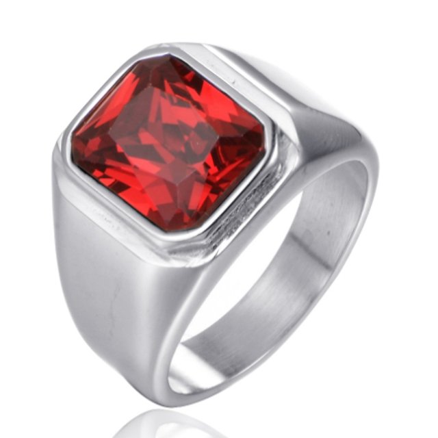 Bague Chevalière Homme en Acier Inoxydable 316L avec Cristal Noir Rouge Pierre Classique Bagues Homme Cadeau Bijoux Argent Rouge 9