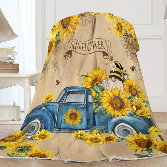 Sunflower Blanket, Sunflower Decor for Home Throw Blankets, Sunflower Gnome Truck Decorations Indoor, Farmhouse Sunflower Holiday Soft Blanket 50x60 Inches, Sunflower Gifts for Him Her