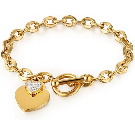 Stainless Steel Silver/Rose/18K Gold Plated Zircon Heart Bracelet For Women Romantic Gift Toggle Clasp Link Bracelets[o4890]