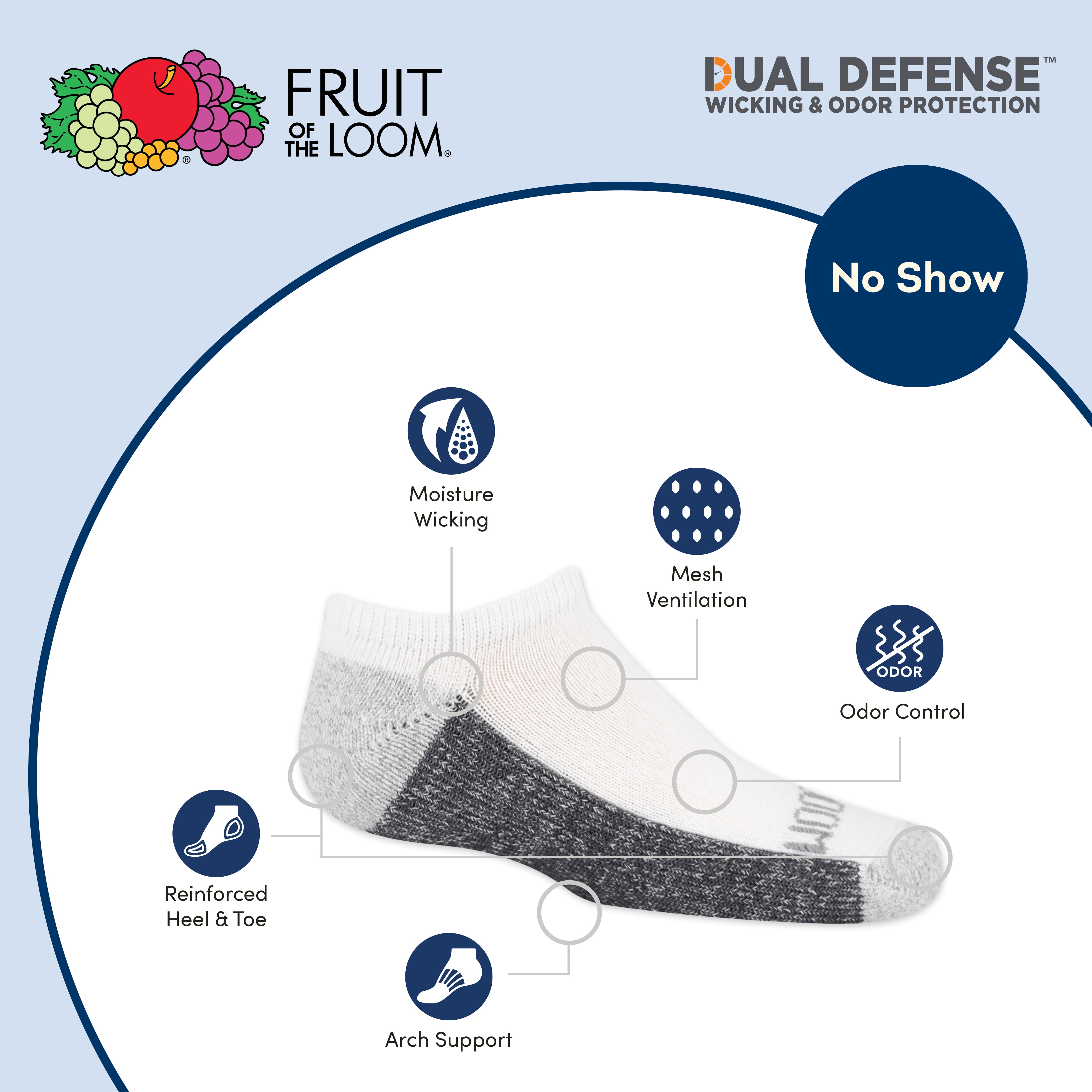 Fruit of The Loom Dual Defense No Show Socks for Boys, Assorted, Sizes 3-9 (10-Pack)