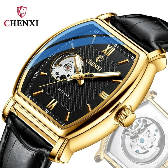 Explojoy Luxury Automatic Watch for Men Waterproof Tourbillon Leather Wristwatch Tonneau Relo