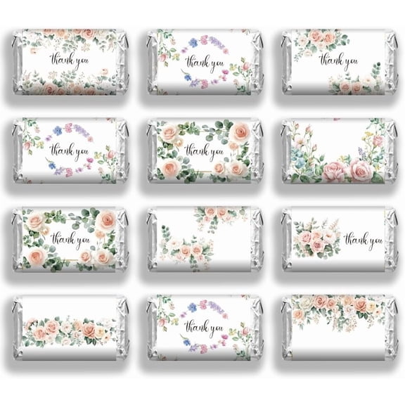 120 Pcs Thank You Theme Candy Wrapping Paper Elegant Plants Mini Candy Bar Wrapper Floral Plants Pink Roses Chocolates Bar Label Stickers for Wedding Birthday Baby Shower Party Favors Colorful