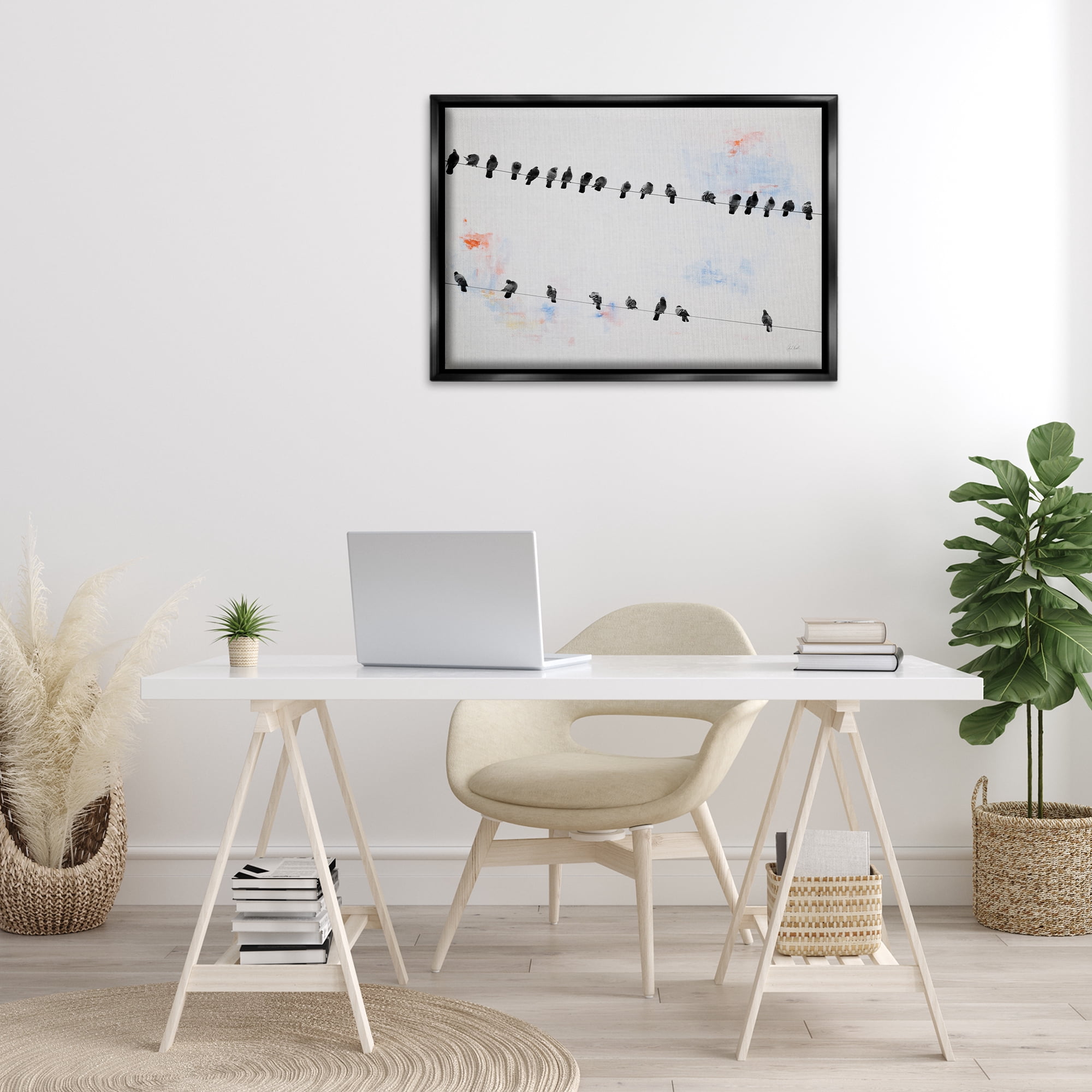 Stupell Industries Migrating Birds on Wire Animals Painting Black Floater Framed Canvas Art Print Wall Art, 31 x 21