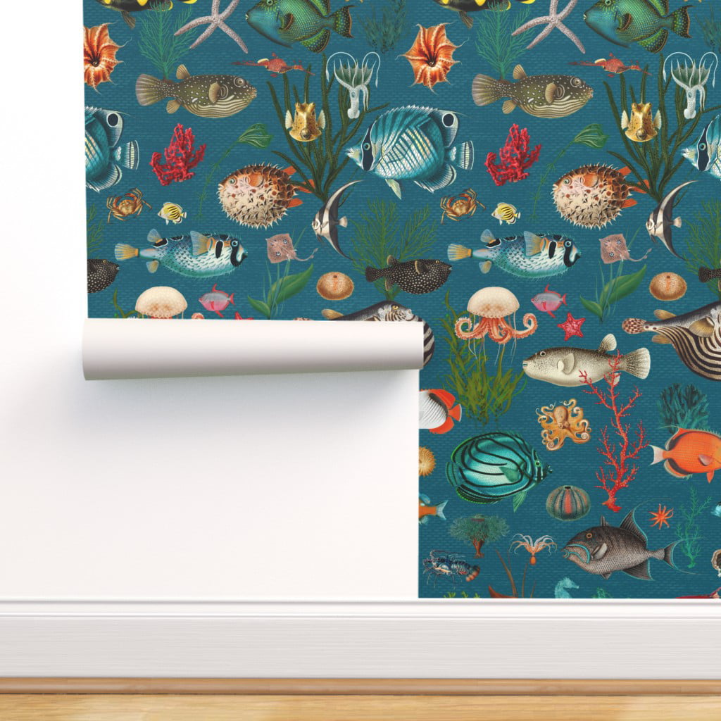 Commercial Grade Wallpaper 27ft x 2ft - Teal Ocean Life Coral Fish Nautical Vintage  Antique Traditional Wallpaper by Spoonflower 