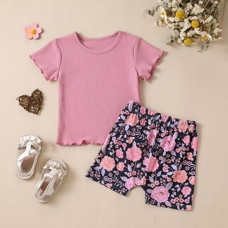 

KTJTDRVH Toddler Girl s Back To School Suit Short Sleeve T Shirt Pullover Tops And Floral Prints Shorts Outfits Lively & Lovely