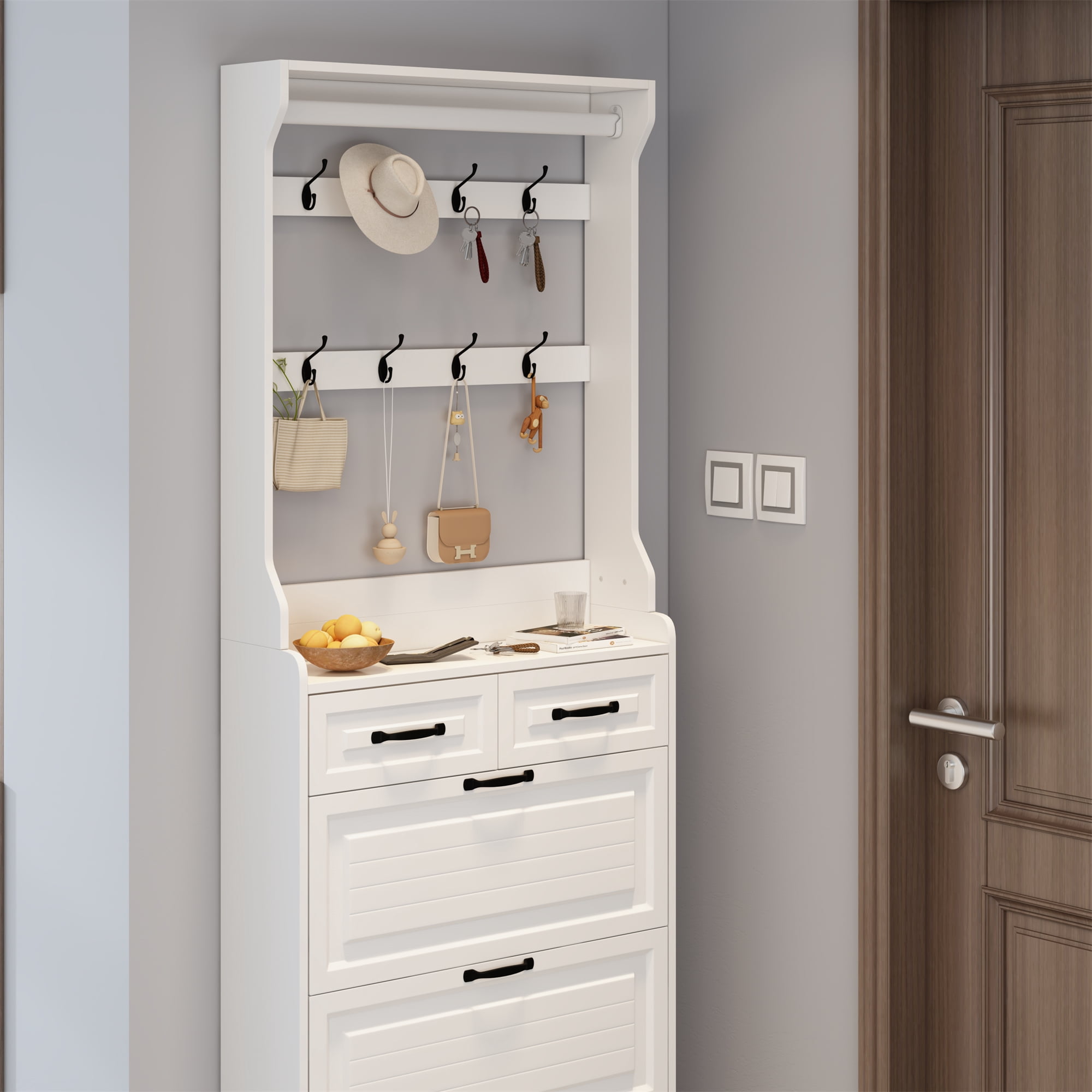 Lunale 31.5"L Slimline 3 Flip-Door Shoe Cabinet with 2 Drawers and 2 Hangers, Storage Shoe Organizer for Entryway, White