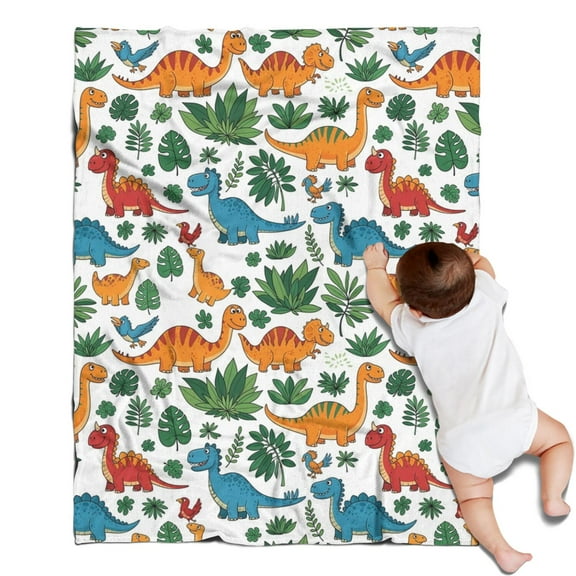 White Colorful Dinosaurs Jungle Pattern Blanket,Comfortable Soft Flannel Throw Blanket,All Season,Warm Lightweight Blankets for Sofa Bed Couch Living Room Chair,30"x40"