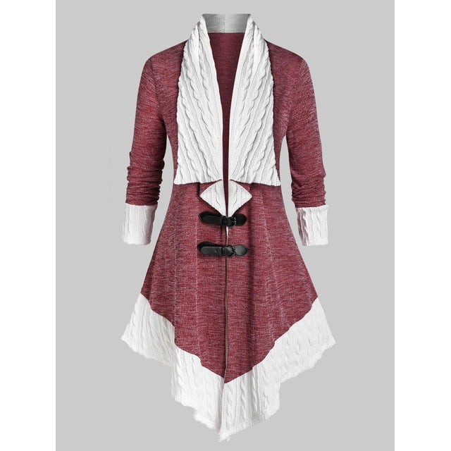 Tallas grandes Hebillas Two Tone Cable Knit Cardigan Rosegal Mangas largas de talla grande