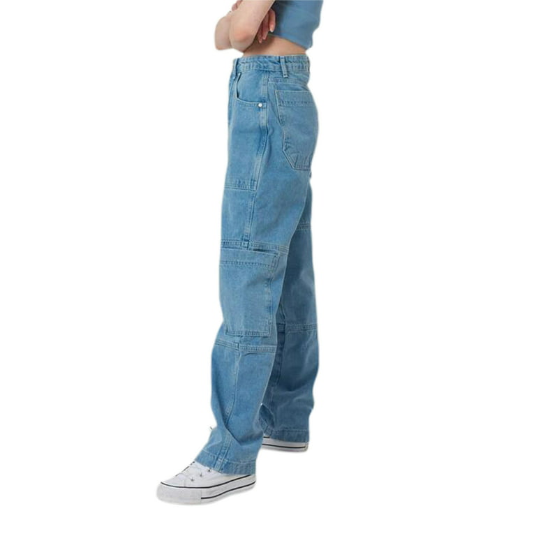 High Waist Loose Jeans Female Big Pocket Blue Denim Pants