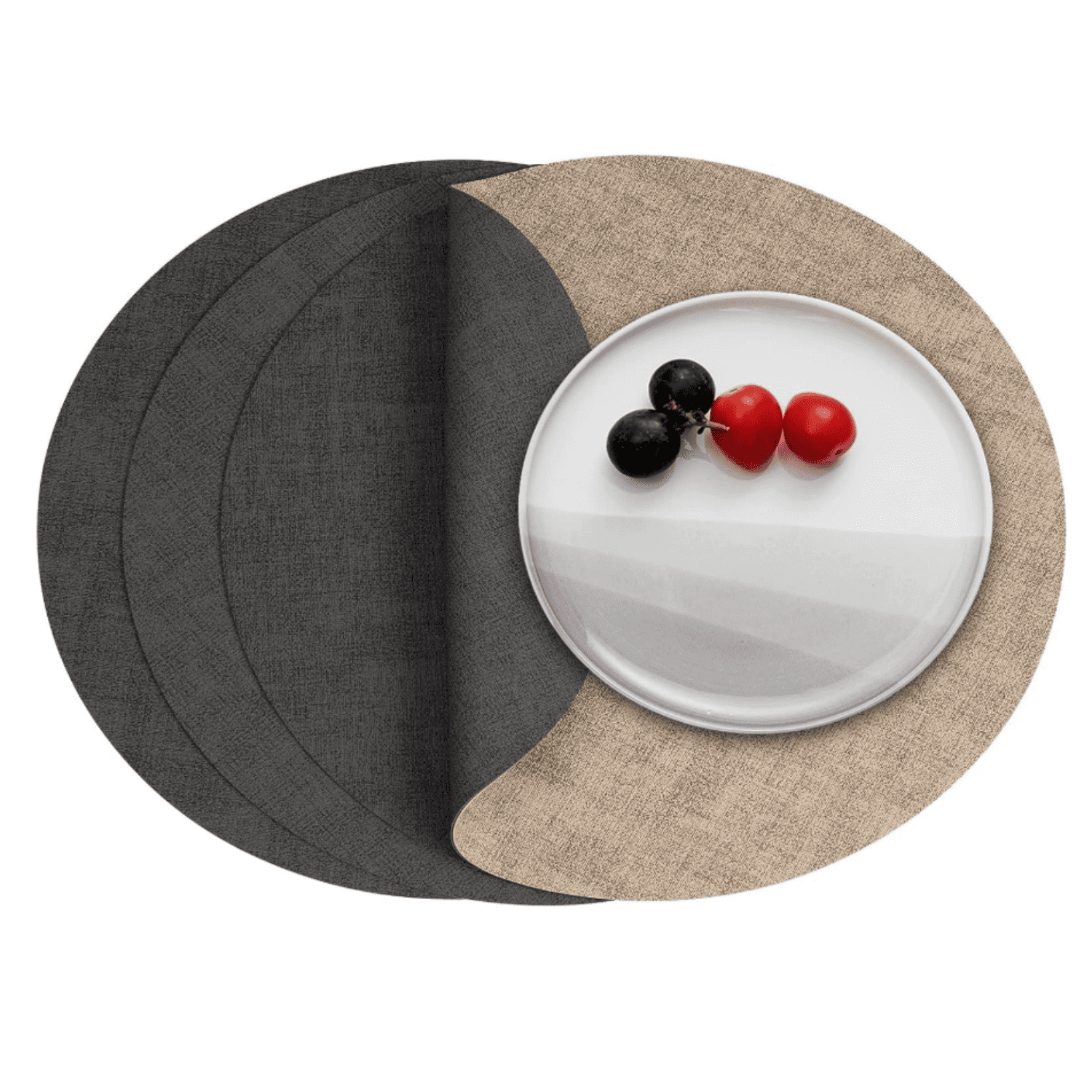 Round Placemats Dual Sided, Faux Leather Place Mats Set of 4 Indoor Placemats for Dining Table Outdoor Placemats Non-Slip Washable Table Mats (Gray Beige, Set of 4)