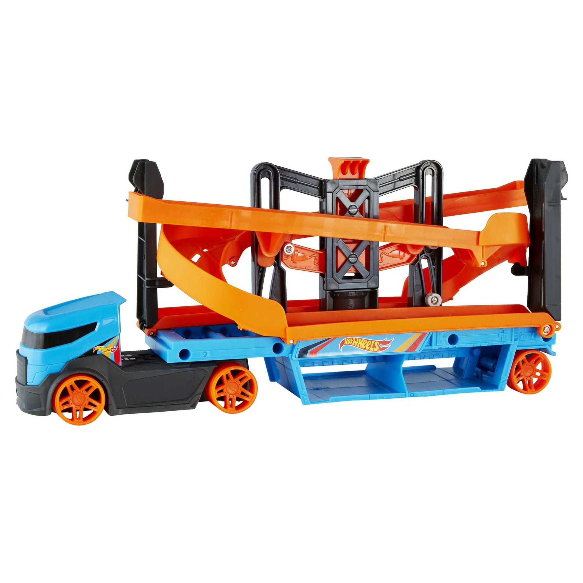 Hot Wheels Lift & Launch Hauler Toy Truck with 10 Cars in 1:64 Scale,  Transporter Stores 20 Vehicles 