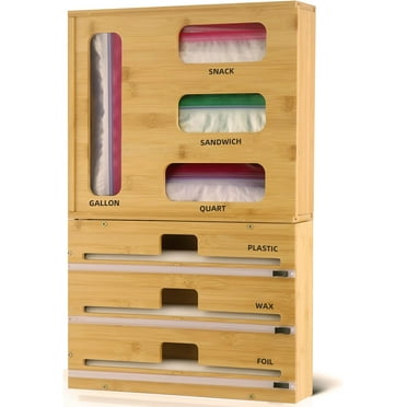 Storage Bag Organizer Foil and Plastic Wrap Organizer Dispenser with Cutter Kitchen Organizers Storage for Kitchen Drawer Dispenser for Gallon Quart Snack Sandwich