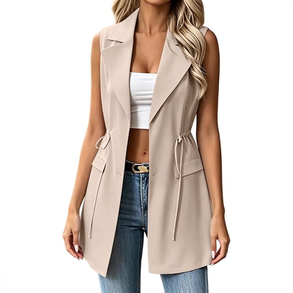 MaFYtyTPR Women's Open Front Sleeveless Blazer Mid Length Style Vest with Drawstring Waist and Pockets For Business Casual Daily Wear A-Beige 32