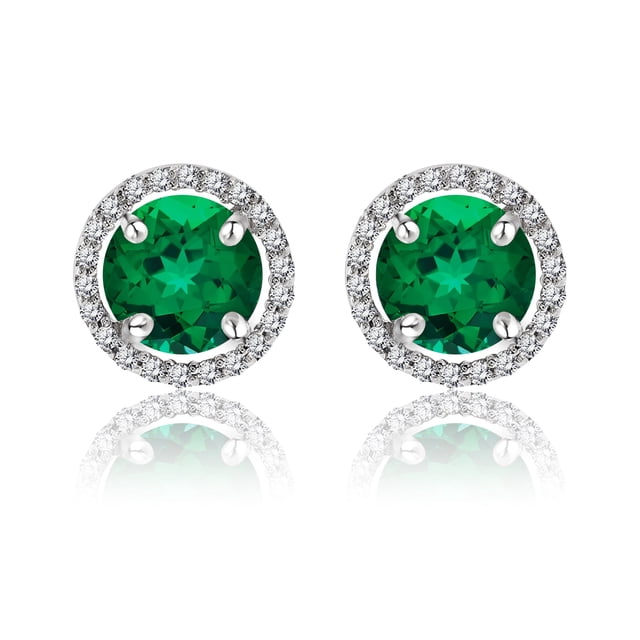 JeenMata Pendientes con Halo de Piedra Natal de Mayo y Esmeralda de Talla Redonda de 1,25 Quilates en Oro Blanco de 18 K sobre Plata