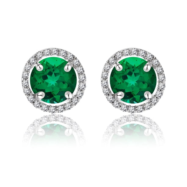 JeenMata Pendientes con Halo de Piedra Natal de Mayo y Esmeralda de Talla Redonda de 1,25 Quilates en Oro Blanco de 18 K sobre Plata