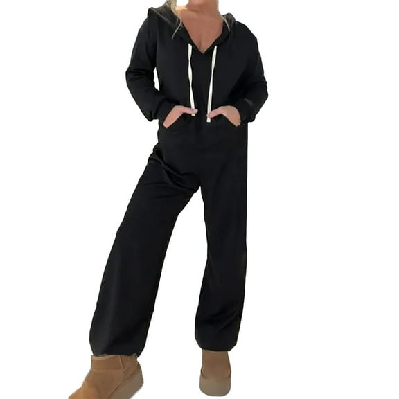 Women's Casual Long Sleeve Hooded Jumpsuits 1Piece Outfit Romper With Pockets Cozy Days Jumpsuit