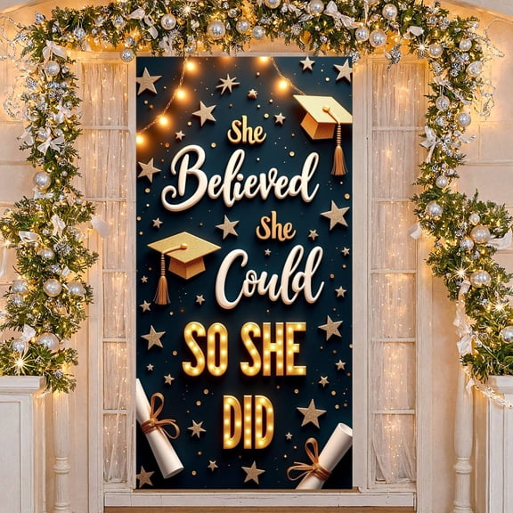 Gold Glitter Graduation Banner Star Decorated Inspirational Display Motivational Quote Graduation Cap Achievement Backdrop for Graduation Ceremony College Grad Party Photo Backdrop