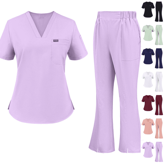 Flare Leg Scrub Set Women Set Stretch V-Neck Top & Jogger Pants Pockets Soft Stretch Woven Fabric Side Splits Yoga Elastic Waistband Comfort Medical Scrub Sets Grey S