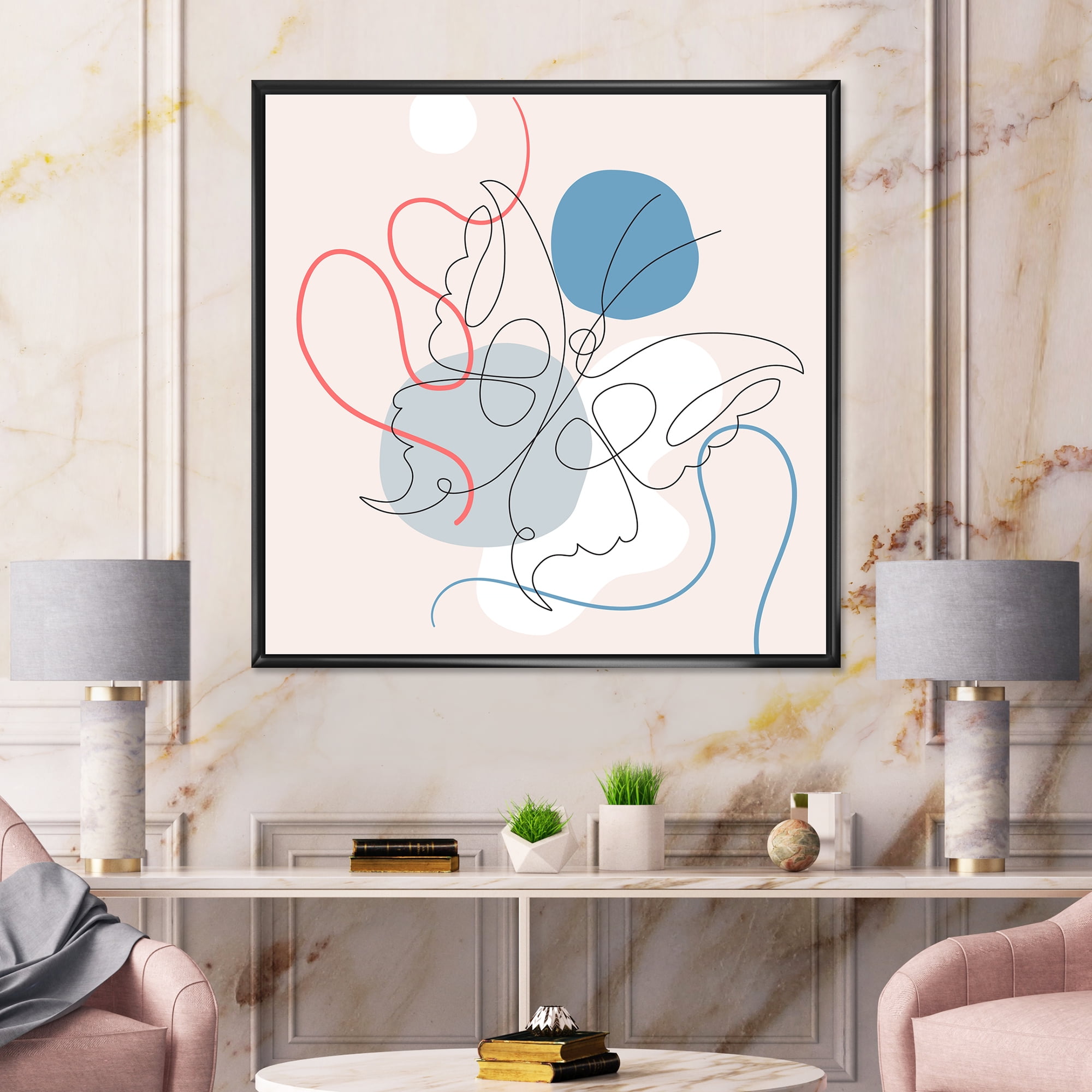 Designart 'Butterfly With One Line Drawing On Cubism Shapes I' Modern Framed Canvas Wall Art Print