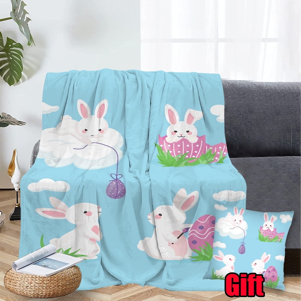 Dicasser Easter Happy Bunny Throw Blanket With Pillow Cover Plush