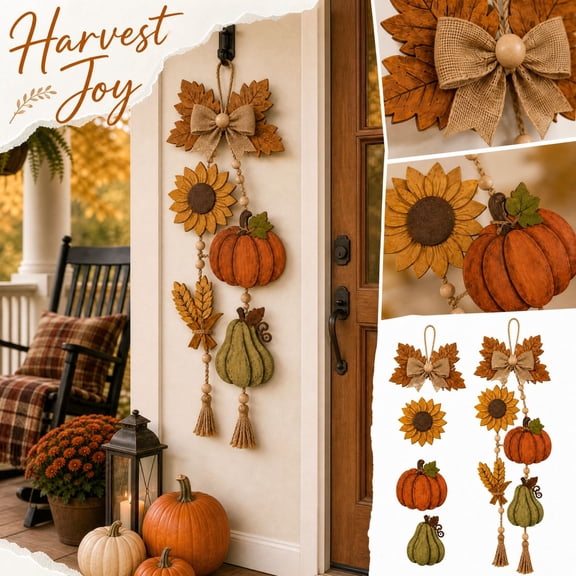 Rustic Pumpkin Hanging Swag – Pumpkin Fall Wall & Door Decor, Rustic Wooden Pumpkin Door Hanging, Distressed Wooden Pumpkins with Bow, Wheat and Sunflower