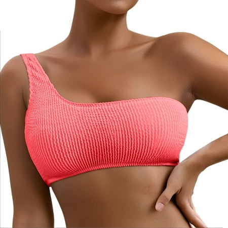 CAIVO Women Swimwear One Shoulder Bikini Swimsuit Top Ribbed Padded Bathing Suit Bandeau Top Trendy Beach Vacation Summer Swim Wear