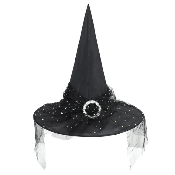 Zando Black Witch Hat with Veil Wide Brim Wizard Hats Foldable Pointed Witches Hats