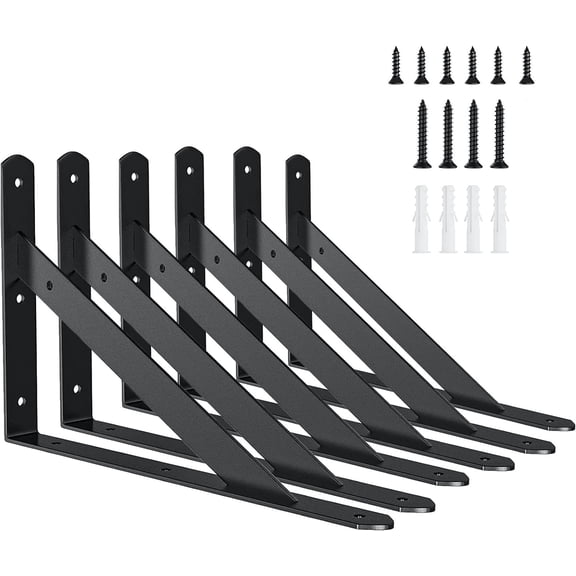 6 Inch Shelf Brackets, 6 Pack Heavy Duty L Brackets for Shelves, 90 Degree Triangle Metal Supports for DIY Floating Shelf with Screws ( Black)