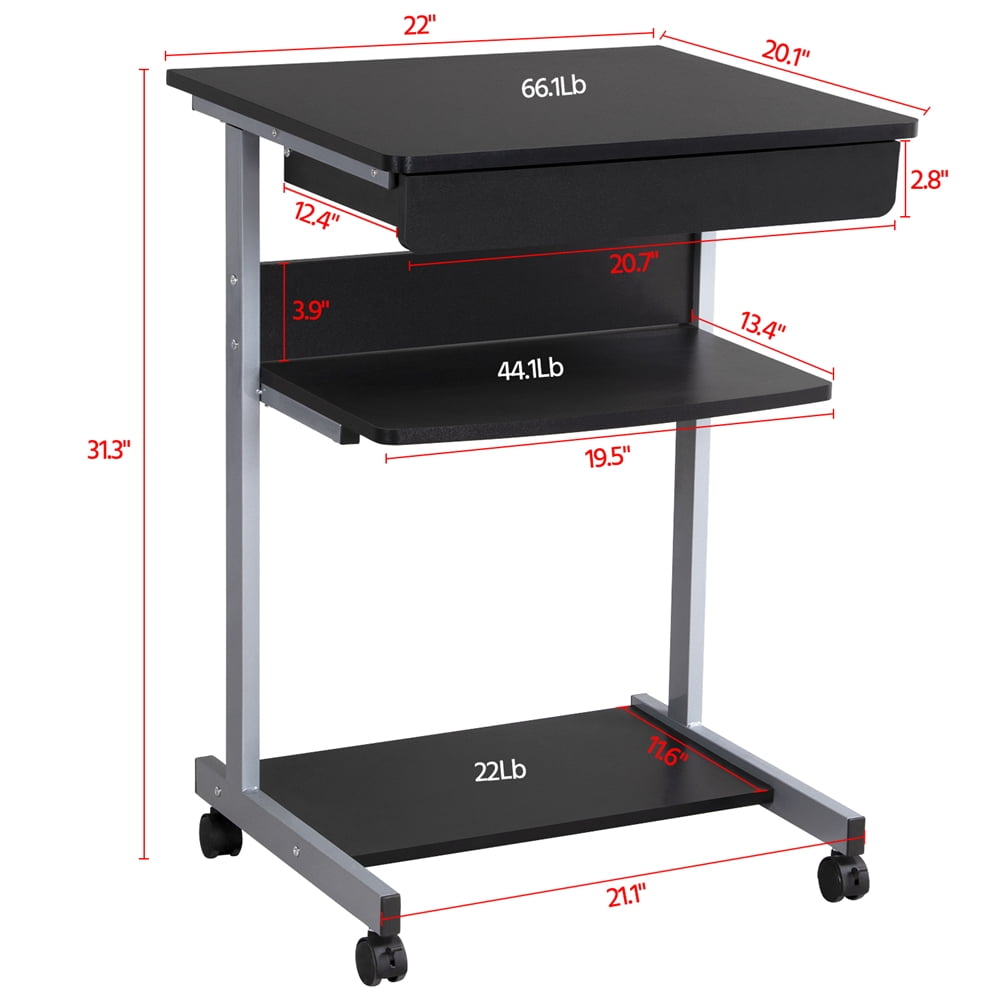 Yaheetech Rolling Laptop Computer Desk Table with Drawer and Shelf on Wheels, Black