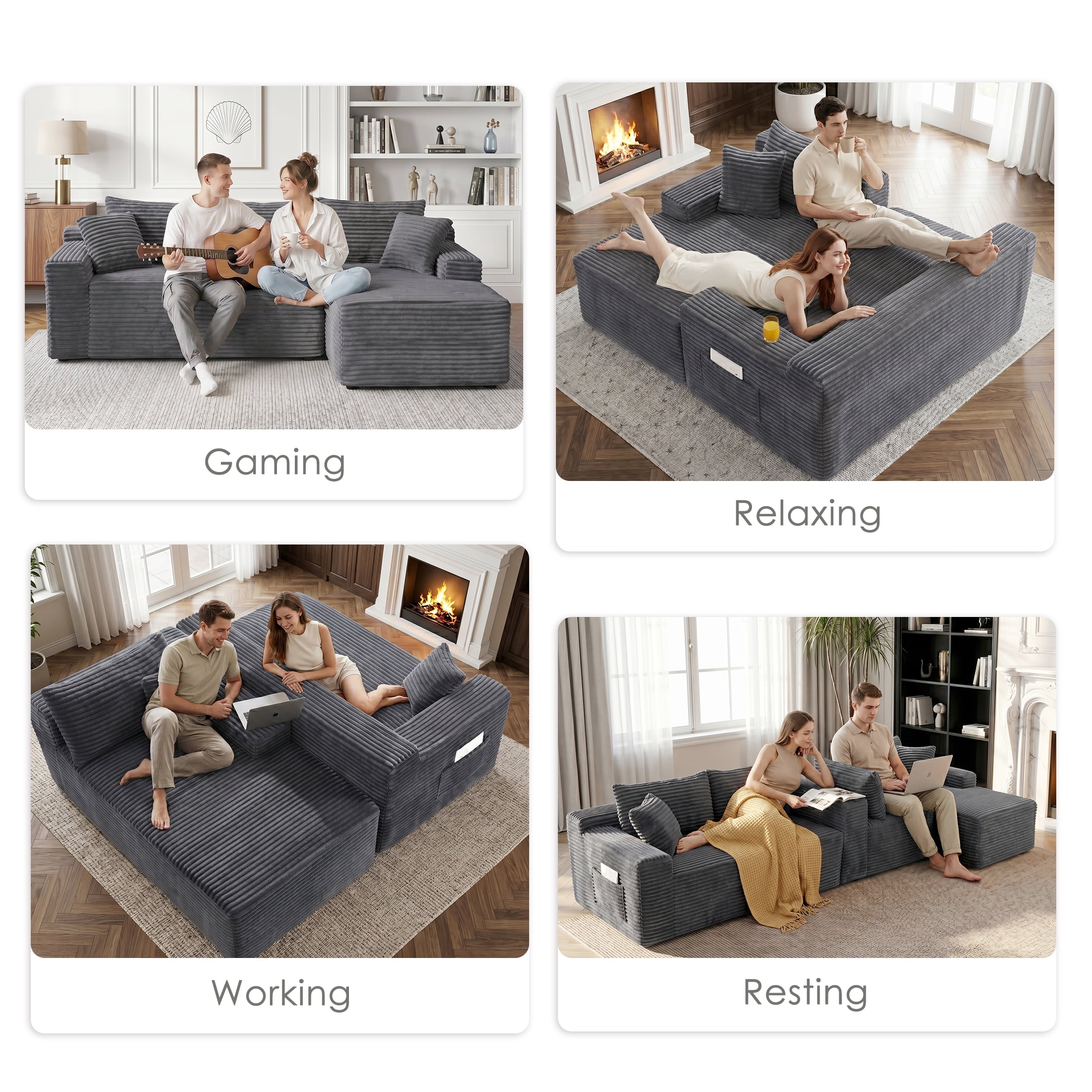 Xiweot 106" Modular Cloud Couch Sectional Sofa for Living Room, Modern Corduroy Boneless Couch with Side Pockets, Upholstered Deep Seat L Shape Sofas, No Assembly Required, Gray