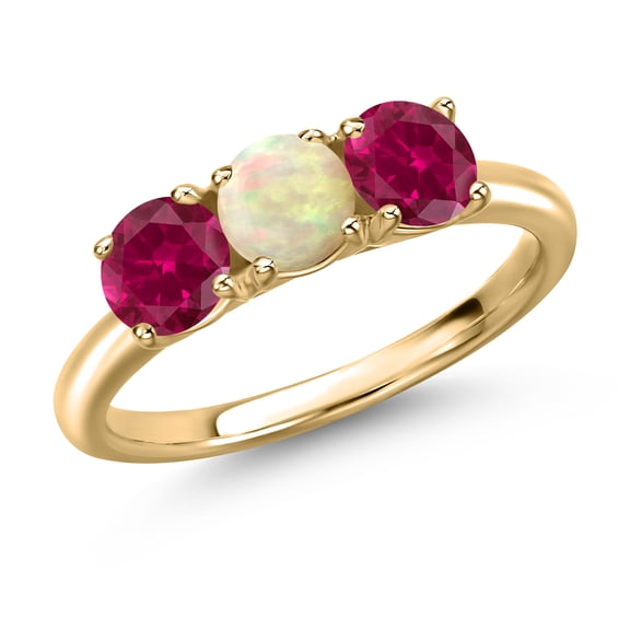 Gem Stone King 10K Yellow Gold White Ethiopian Opal and Red Created Ruby Engagement Ring for Women | 1.50 Cttw | Round Cabochon 5MM | Gemstone October Birthstone | Size 5
