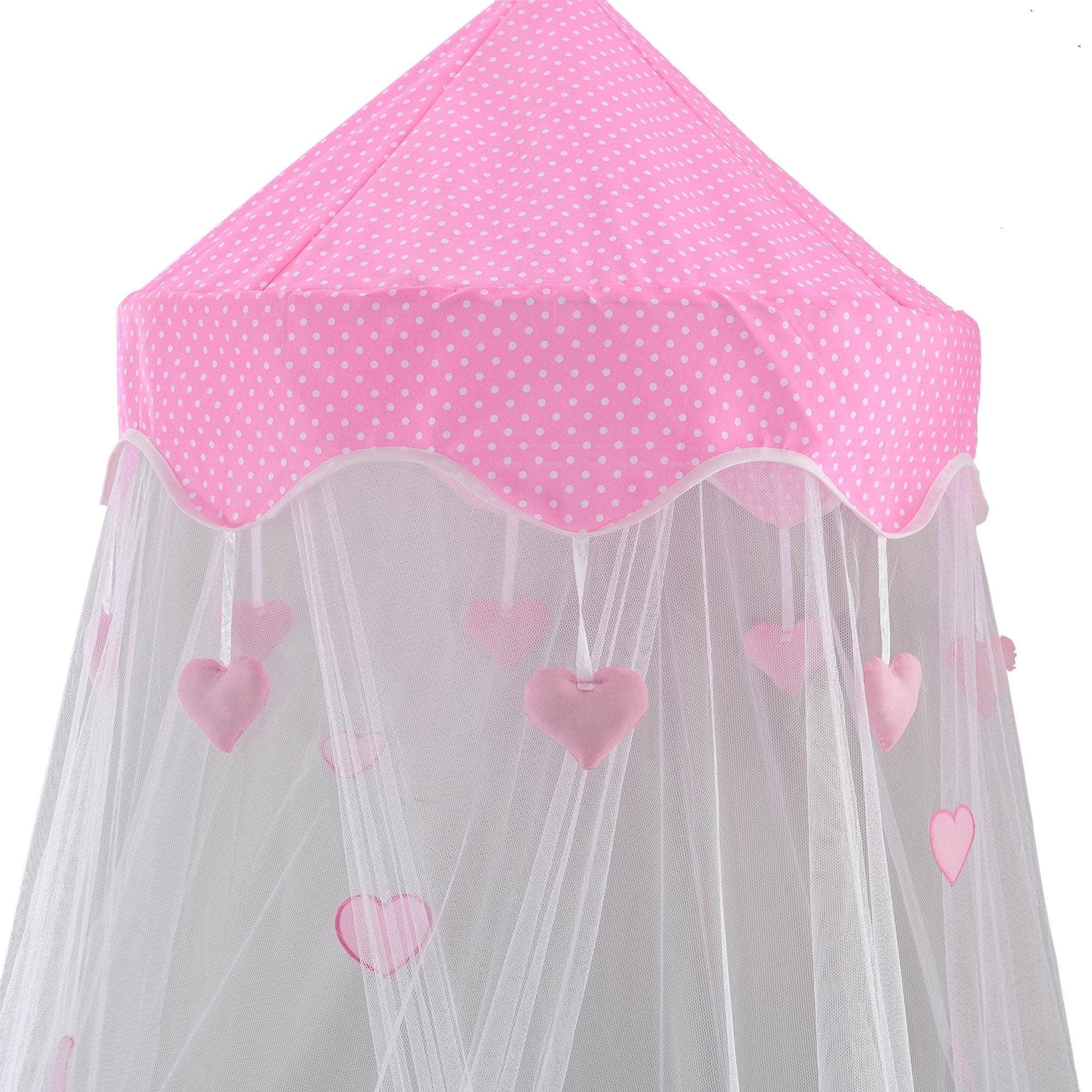Epoch Hometex, Inc. Sweetheart Round Collapsible Pink Heart Hoop Sheer Mosquito Bed Canopy - White/Pink - 23" x 23" x 96"L