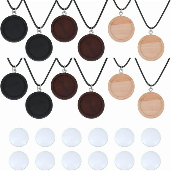 12 Sets Wooden Embroidery Necklace Kit Pendant Trays Base Blanks with Cabochons and Ropes 3 Colors 24mm DIY Embroidery Cabochon Wood Bezel Blanks for Jewelry Making Crafts Projects Colorful DIY