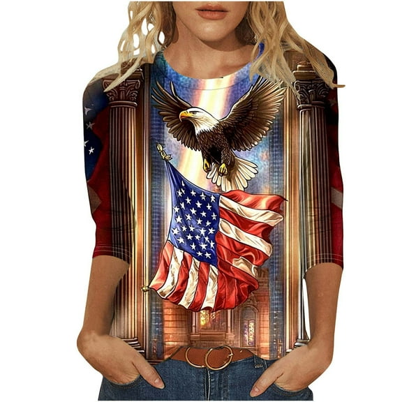 Yghzkop 4Th of July Shirts for Women USA Flag Printed Graphic Patriotic T-shirts Women's Summer Casual Crewneck 3/4 Sleeve Tops Independence Day Tees Blouses Beach Workout Clothing
