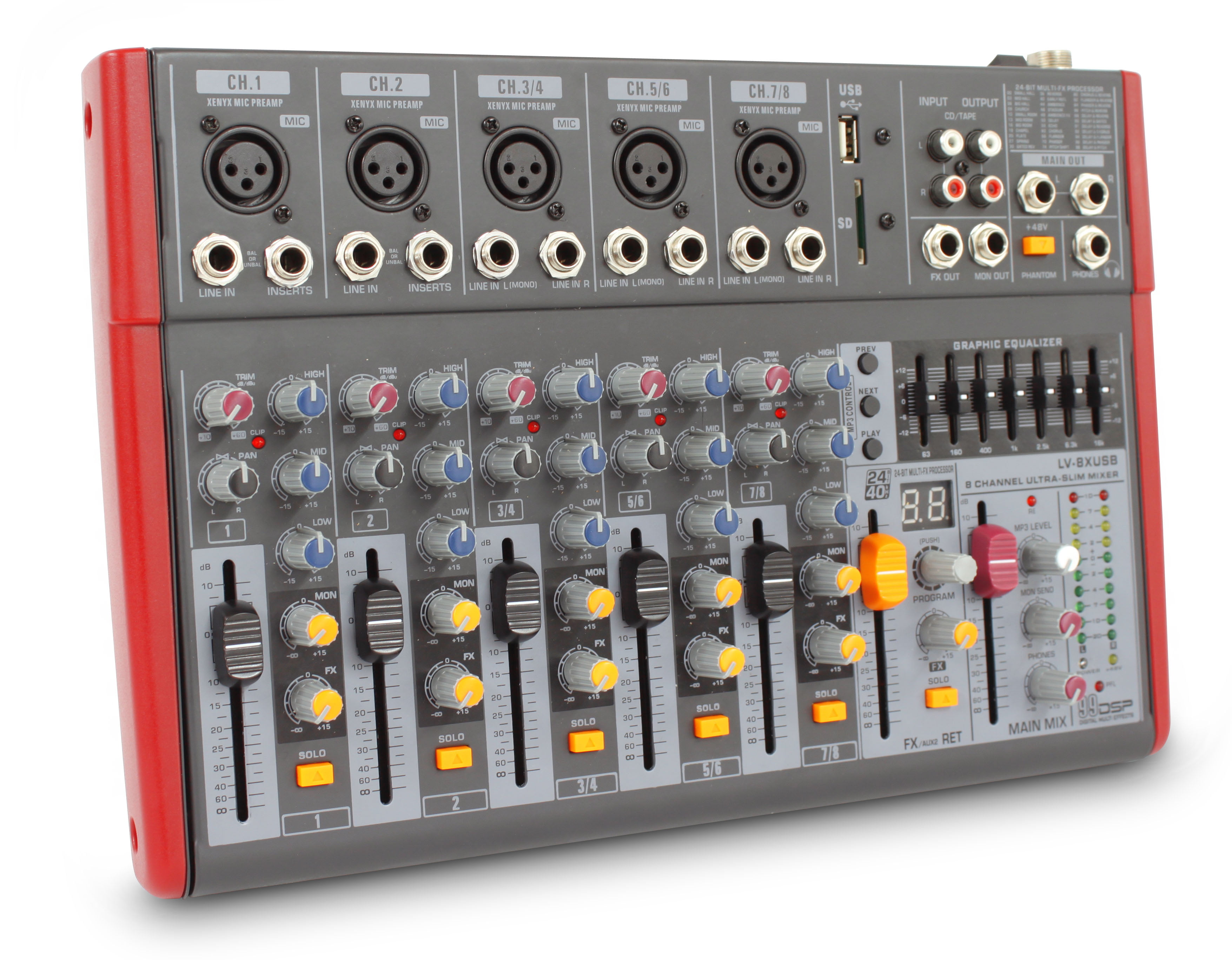 NOVIK NEO MIXER NVK 802FX 8 Channel Ultra-Slim 5 channels with pre-amplifiers of Mic and Phantom Power 3 channels Stereo +48v 