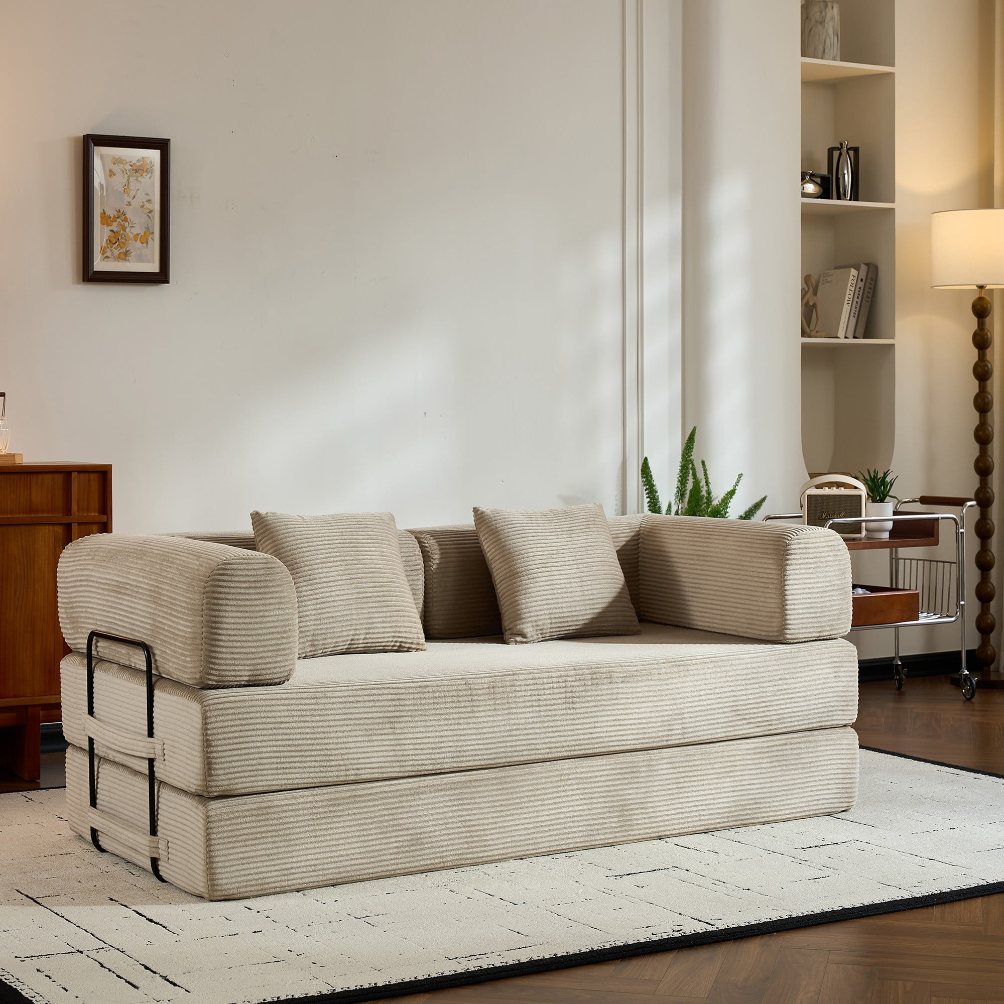 BSHTI 77" Corduroy Convertible Sleeper Sofa Bed with Cylindrical Pillow, No Assembly, Small Space for Living Room（Beige）