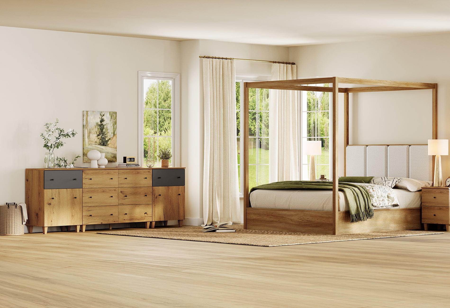 WAMPAT Modern Bedroom Furniture Set, Wooden Queen Size Canopy Bed Frame, 3-in-1 Spacious Dresser with 2 Storage Cabinets and 8 Drawers, Oak Brown