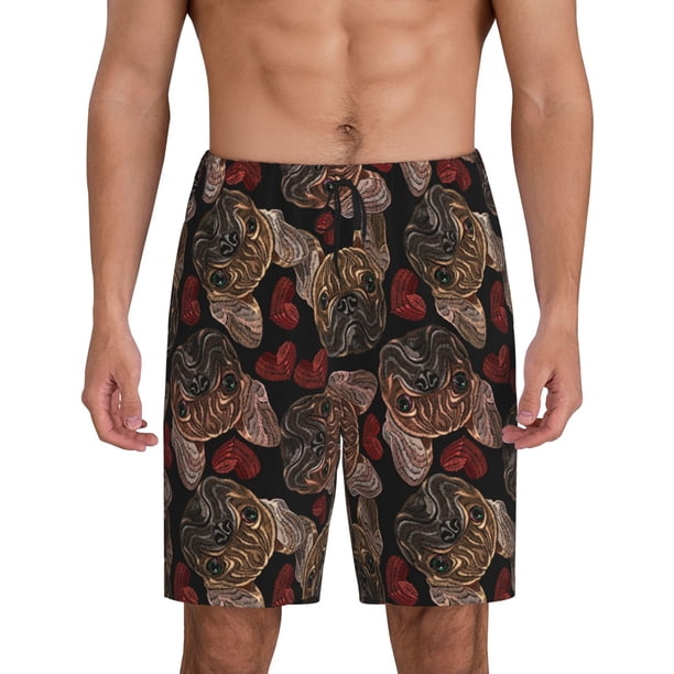 Balery Hearts and French Bulldog Pantalones cortos de pijama de punto de algodón para hombre con cinturilla y bolsillos-4X-Large