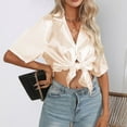 thumbnail image 4 of HAPIMO Women's Trendy Solid Color Silk Pullovers Summer Loose Satin Bandage Tops Relaxed Short Sleeve Tees Casual Workout Shirts Lapel V Neck Blouses for Girls Beige XL, 4 of 8